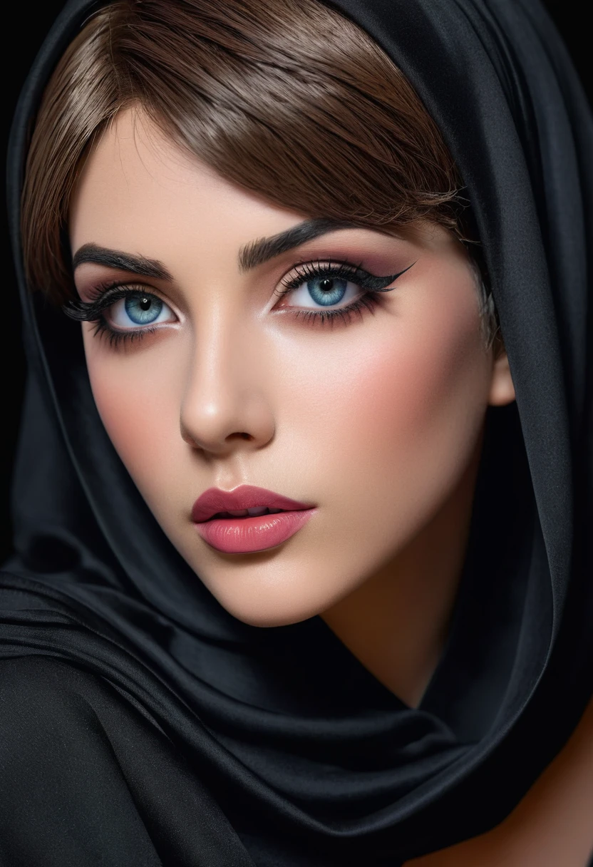 A femboy with short hair,abaya,knee and thigh visible,beautiful detailed eyes,beautiful detailed lips,extremely detailed face,longeyelashes,1boy,high quality,photorealistic,professional,studio lighting,ultra-detailed,masterpiece,vivid colors,dramatic lighting