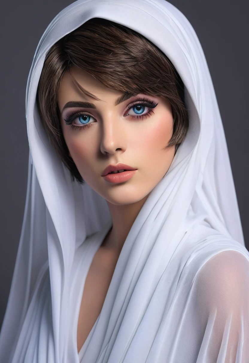 A femboy with short hair,abaya,knee and thigh visible,beautiful detailed eyes,beautiful detailed lips,extremely detailed face,longeyelashes,1boy,high quality,photorealistic,professional,studio lighting,ultra-detailed,masterpiece,vivid colors,dramatic lighting
