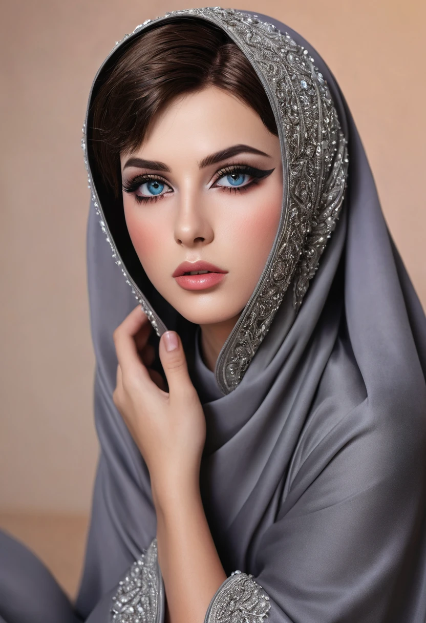 A femboy with short hair,abaya,knee and thigh visible,beautiful detailed eyes,beautiful detailed lips,extremely detailed face,longeyelashes,1boy,high quality,photorealistic,professional,studio lighting,ultra-detailed,masterpiece,vivid colors,dramatic lighting