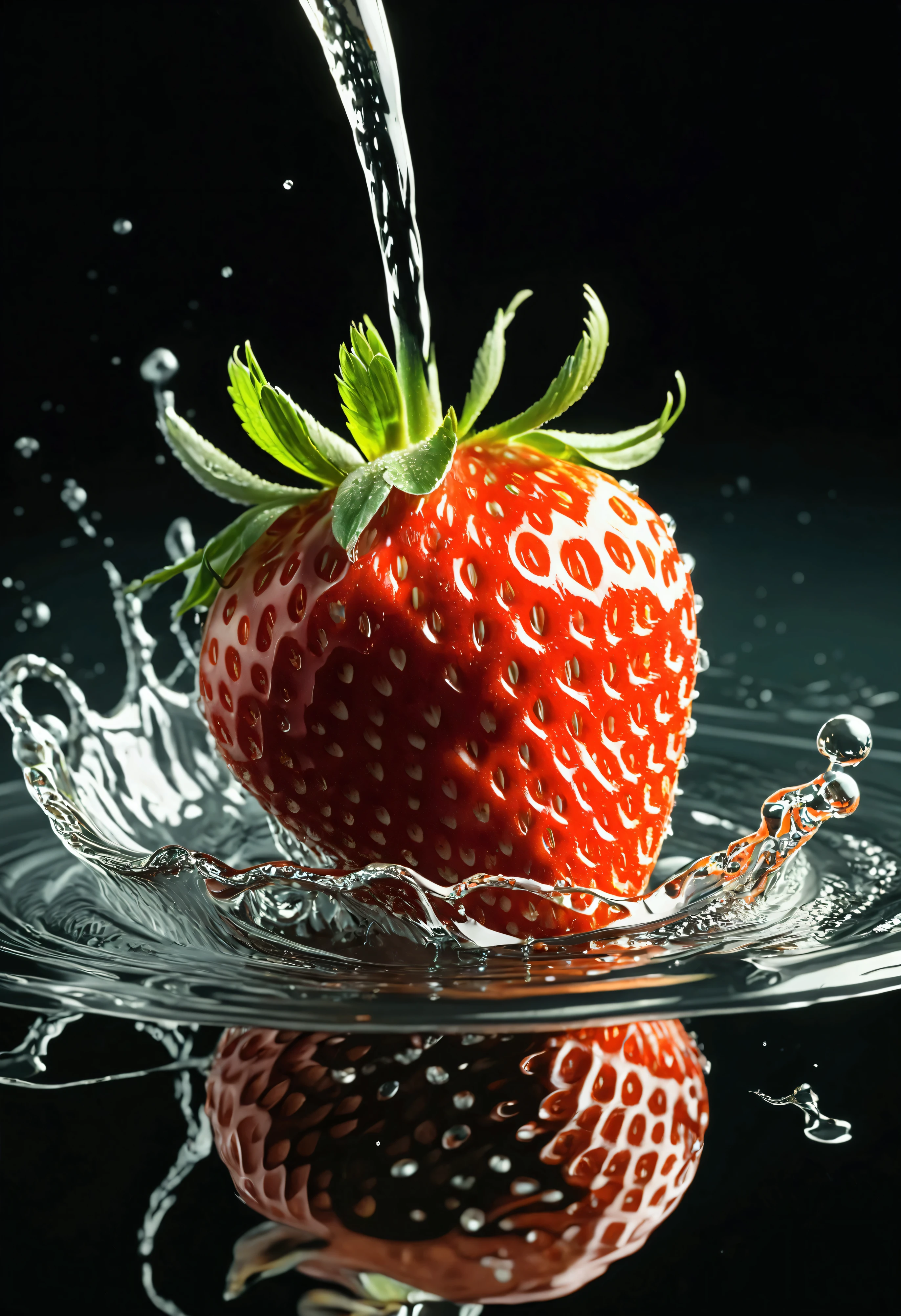 (((intricate detail:1.4))), (((extremely insane detail:1.4))),(((highest quality:1.3))), (((Soft colors 4k highly detailed digital art:1.3))). | Close up of delicate splash of water that forming into magical strawberry, as splash of water reflect light, water reflect the magical strawberry, each splash detailed and rendered with a masterful gouache technique,surrounded by mysterious atmosphere of light and shadow art, splash of water everywhere, great environment, subtly illuminate,fantasy art behance,surreal, its beauty and strength captured,It gives a majestic aura. Rendered in ultra-high definition with UHD and retina quality, this masterpiece ensures anatomical correctness and textured skin with super detail. With a focus on high quality and accuracy, this award-winning portrayal captures every nuance in stunning 16k resolution, immersing viewers in its lifelike depiction. | ((perfect_composition, perfect_design, perfect_layout, perfect_detail, ultra_detailed)), ((enhance_all, fix_everything)), More Detail, Enhance.