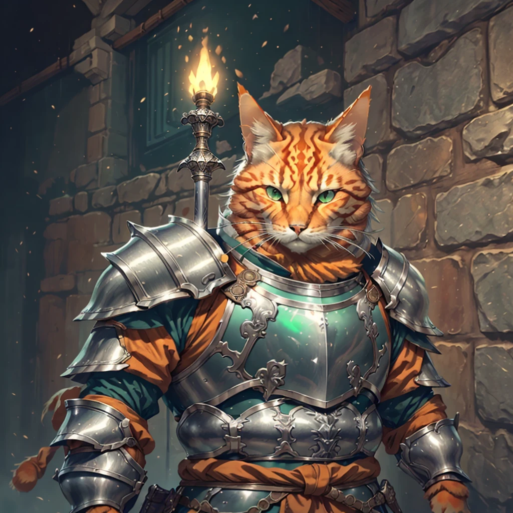Orange cat, solo, 1male, green eyes, silver armor, silver plate mail, silver wrist bands, large sword, castle, torch light, weapons on wall
