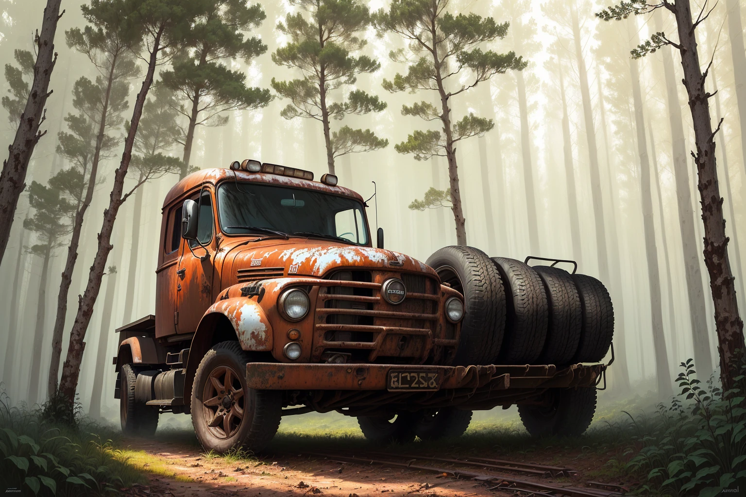 Painting of an old rusty truck in the forest，There are tires, Andrei Gordeev, Vadim Kashin. Surreal, 靈感來自Vadim Kashin, Alexei Egorov, abandoned vehicles, philip hodas art style, forgotten、lost in the forest, Busier Rutkoski Andreas Rocha, Highly detailed digital painting