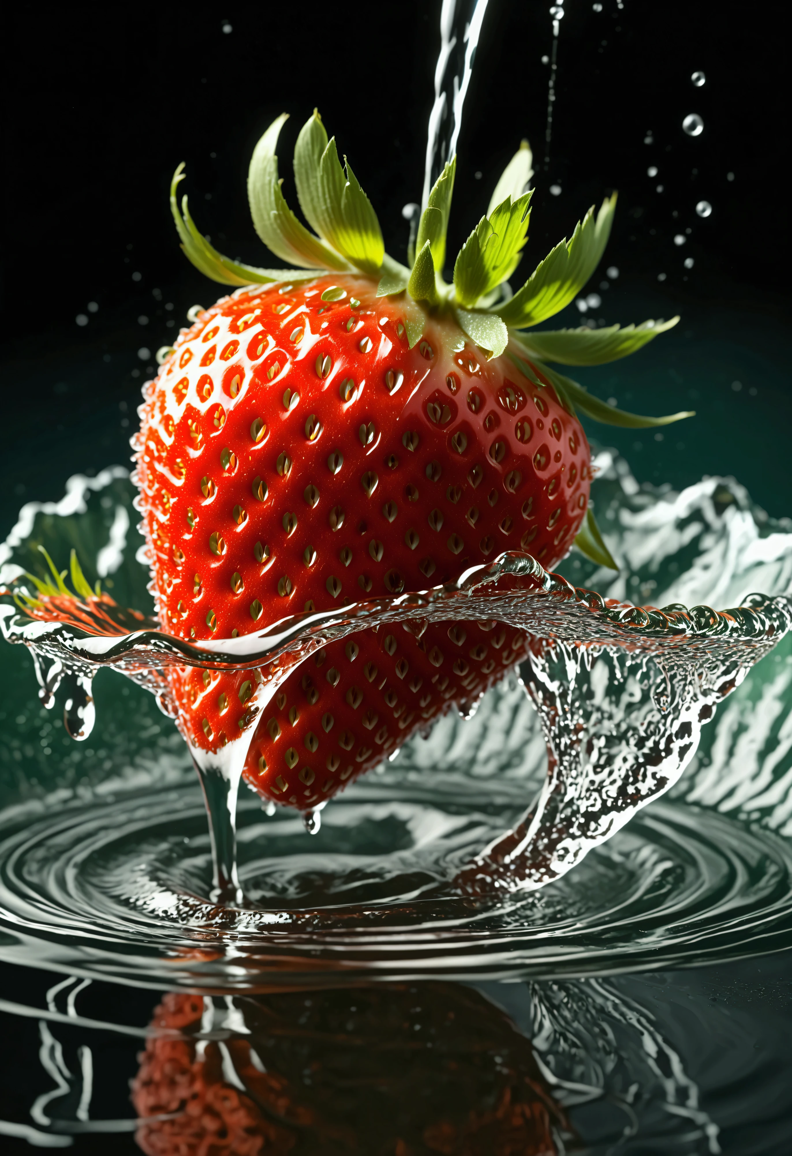 (((intricate detail:1.4))), (((extremely insane detail:1.4))),(((highest quality:1.3))), (((Soft colors 4k highly detailed digital art:1.3))). | Close up of delicate splash of water that forming into magical strawberry, as splash of water reflect light, water reflect the magical strawberry, each splash detailed and rendered with a masterful gouache technique,surrounded by mysterious atmosphere of light and shadow art, splash of water everywhere, great environment, subtly illuminate,fantasy art behance,surreal, its beauty and strength captured,It gives a majestic aura. Rendered in ultra-high definition with UHD and retina quality, this masterpiece ensures anatomical correctness and textured skin with super detail. With a focus on high quality and accuracy, this award-winning portrayal captures every nuance in stunning 16k resolution, immersing viewers in its lifelike depiction. | ((perfect_composition, perfect_design, perfect_layout, perfect_detail, ultra_detailed)), ((enhance_all, fix_everything)), More Detail, Enhance.