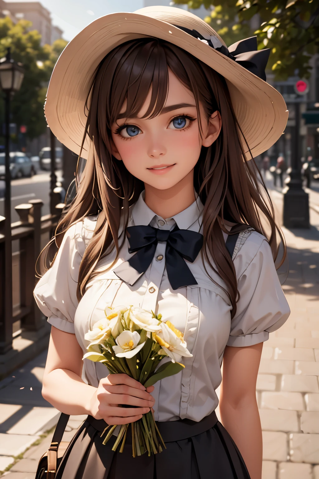 Medium view, medium shot, depth of field, bust, upper body, cinematic angle, masterpiece, best quality, super detailed, CG, 8K wallpaper, beautiful face, delicate eyes, a maiden, solo, smile, bangs, skirt, shirt, hat, dress, bow, petals, bouquet