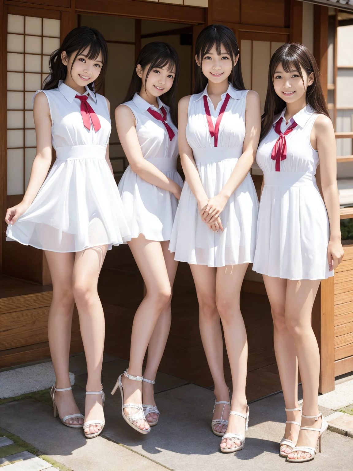 Japanese women, (Underweight), (Highest quality:1.5), (Bright smile:1.3), fun, walk, Long Hair, (A white, sleeveless, collared, tight, see-through dress), Bright atmosphere, Full Body Shot、No background、(Erect nipples)、(A dress that accentuates the body line)、Slim and beautiful thighs and legs、narrow and constricted waist,、Elementary school girl in Japan:1.3, Adorable expression、Expressions of happiness、s old、height: 145cm、Baby Face、Amazingly cute、Three Girls