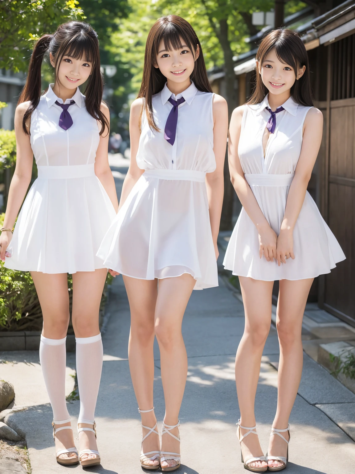 Japanese women, (Underweight), (Highest quality:1.5), (Bright smile:1.3), fun, walk, Long Hair, (A white, sleeveless, collared, tight, see-through dress), Bright atmosphere, Full Body Shot、No background、(Erect nipples)、(A dress that accentuates the body line)、Slim and beautiful thighs and legs、narrow and constricted waist,、Elementary school girl in Japan:1.3, Adorable expression、Expressions of happiness、10 years old、height: 145cm、Baby Face、Amazingly cute、Three Girls