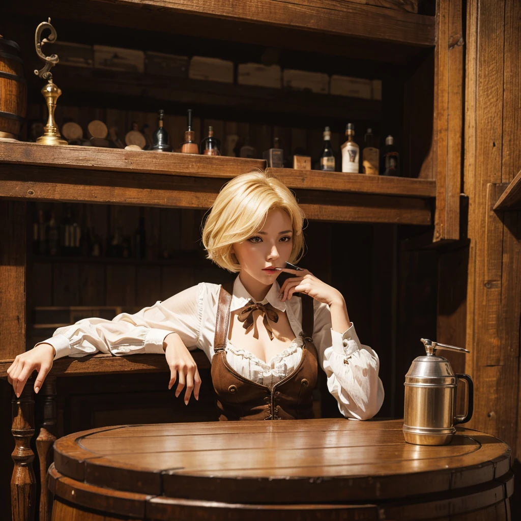Short-haired female cowboy in a western saloon,blonde,Sitting,Smoking Pipes,table Wisky,piano,6-shot revolver,Barrel,table,Trump,Dust,artwork,3d,4K,detailed,Realistic