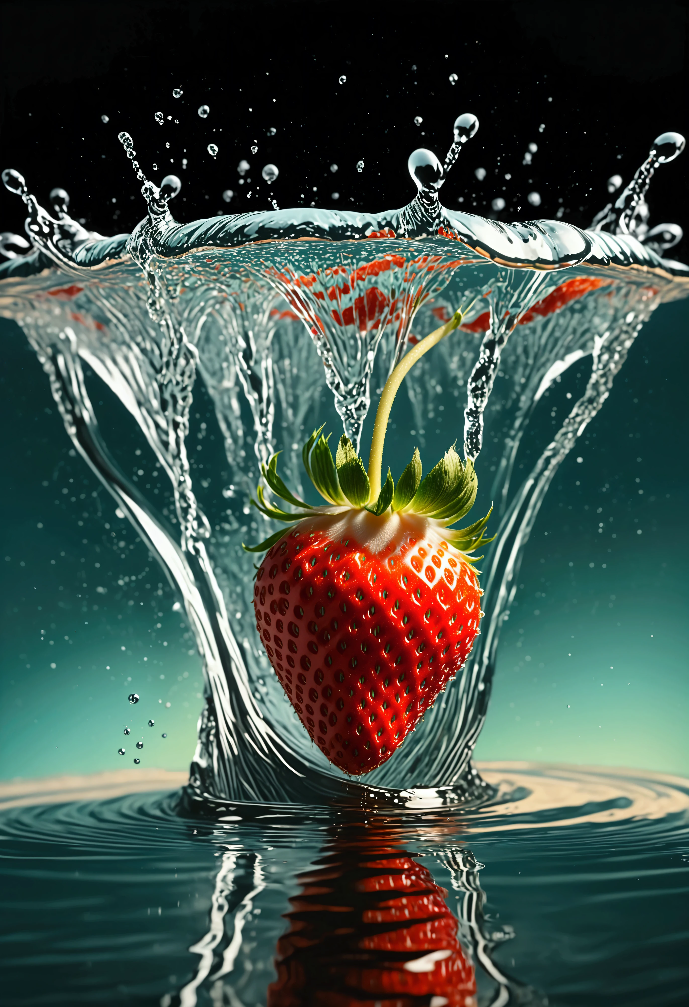 (((intricate detail:1.4))), (((extremely insane detail:1.4))),(((highest quality:1.3))), (((Soft colors 4k highly detailed digital art:1.3))). | Close up of delicate splash of water that forming into magical strawberry, as splash of water reflect light, water reflect the magical strawberry, each splash detailed and rendered with a masterful gouache technique,surrounded by mysterious atmosphere of light and shadow art, splash of water everywhere, great environment, subtly illuminate,fantasy art behance,surreal, its beauty and strength captured,It gives a majestic aura. Rendered in ultra-high definition with UHD and retina quality, this masterpiece ensures anatomical correctness and textured skin with super detail. With a focus on high quality and accuracy, this award-winning portrayal captures every nuance in stunning 16k resolution, immersing viewers in its lifelike depiction. | ((perfect_composition, perfect_design, perfect_layout, perfect_detail, ultra_detailed)), ((enhance_all, fix_everything)), More Detail, Enhance.