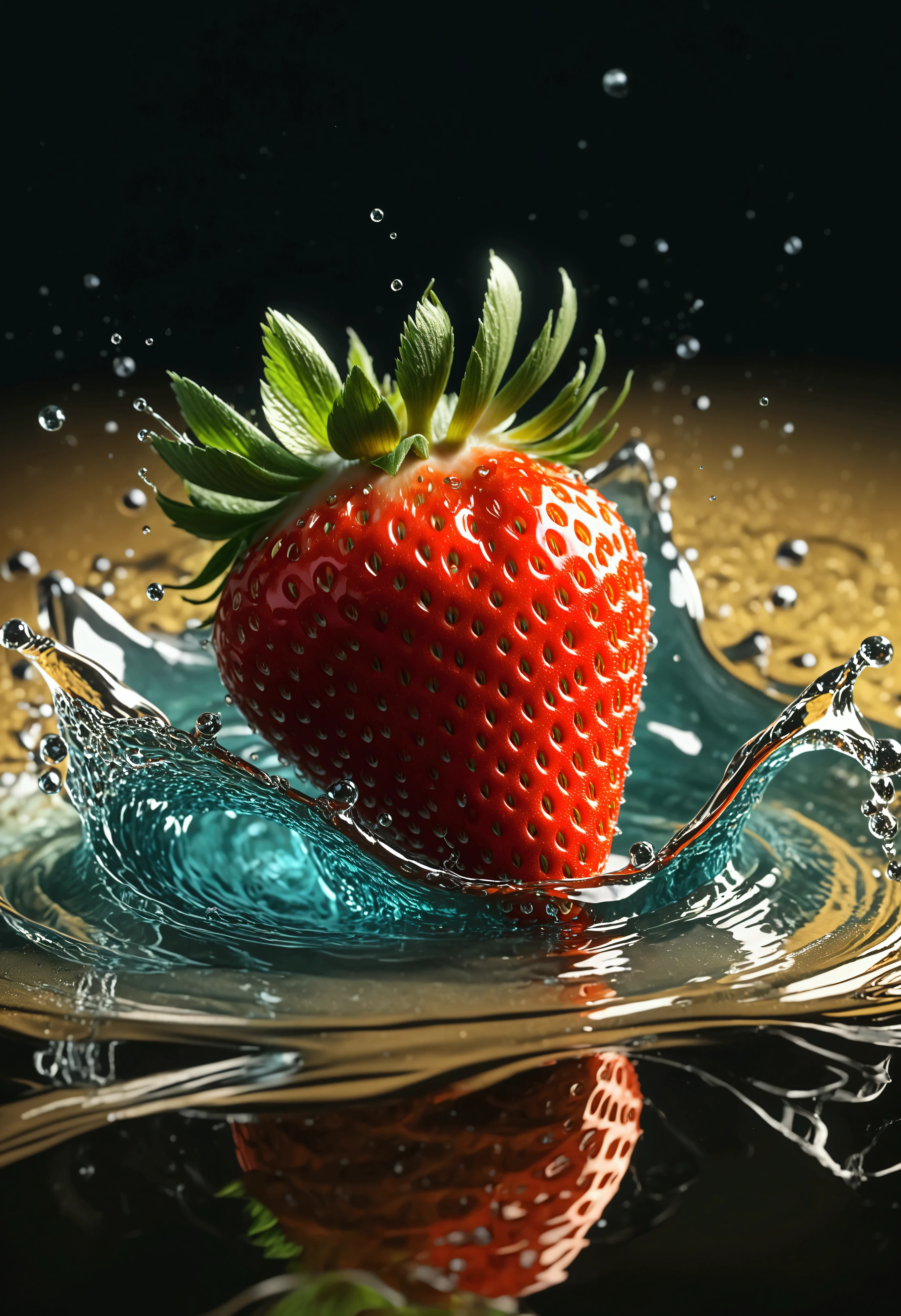 (((intricate detail:1.4))), (((extremely insane detail:1.4))),(((highest quality:1.3))), (((Soft colors 4k highly detailed digital art:1.3))). | Close up of delicate splash of water that forming into magical strawberry, as splash of water reflect light, water reflect the magical strawberry, each splash detailed and rendered with a masterful gouache technique,surrounded by mysterious atmosphere of light and shadow art, splash of water everywhere, great environment, subtly illuminate,fantasy art behance,surreal, its beauty and strength captured,It gives a majestic aura. Rendered in ultra-high definition with UHD and retina quality, this masterpiece ensures anatomical correctness and textured skin with super detail. With a focus on high quality and accuracy, this award-winning portrayal captures every nuance in stunning 16k resolution, immersing viewers in its lifelike depiction. | ((perfect_composition, perfect_design, perfect_layout, perfect_detail, ultra_detailed)), ((enhance_all, fix_everything)), More Detail, Enhance.