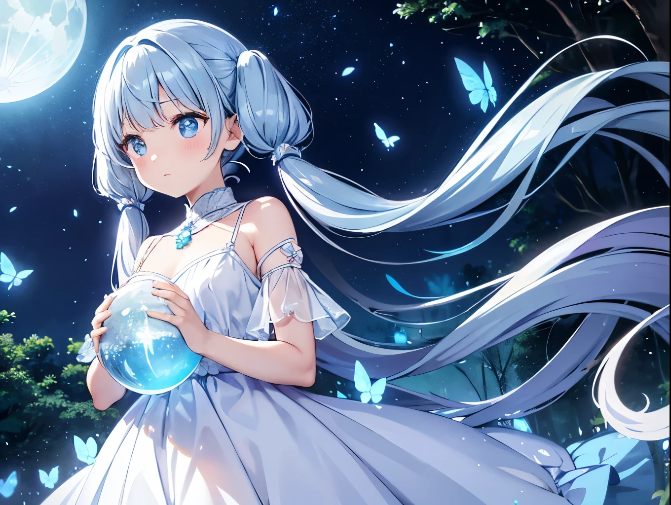 Light blue long hair、Beautiful girl with twin tails、Mysterious forest with the moon shining、Crystal Sparkle、A beautiful girl holding a large transparent crystal ball、Many petals and many shiny butterflies fluttering about、Night Sky、shooting star、Mysterious Landscape、Beautiful girl in white dress、A shining aura surrounds the beautiful girl