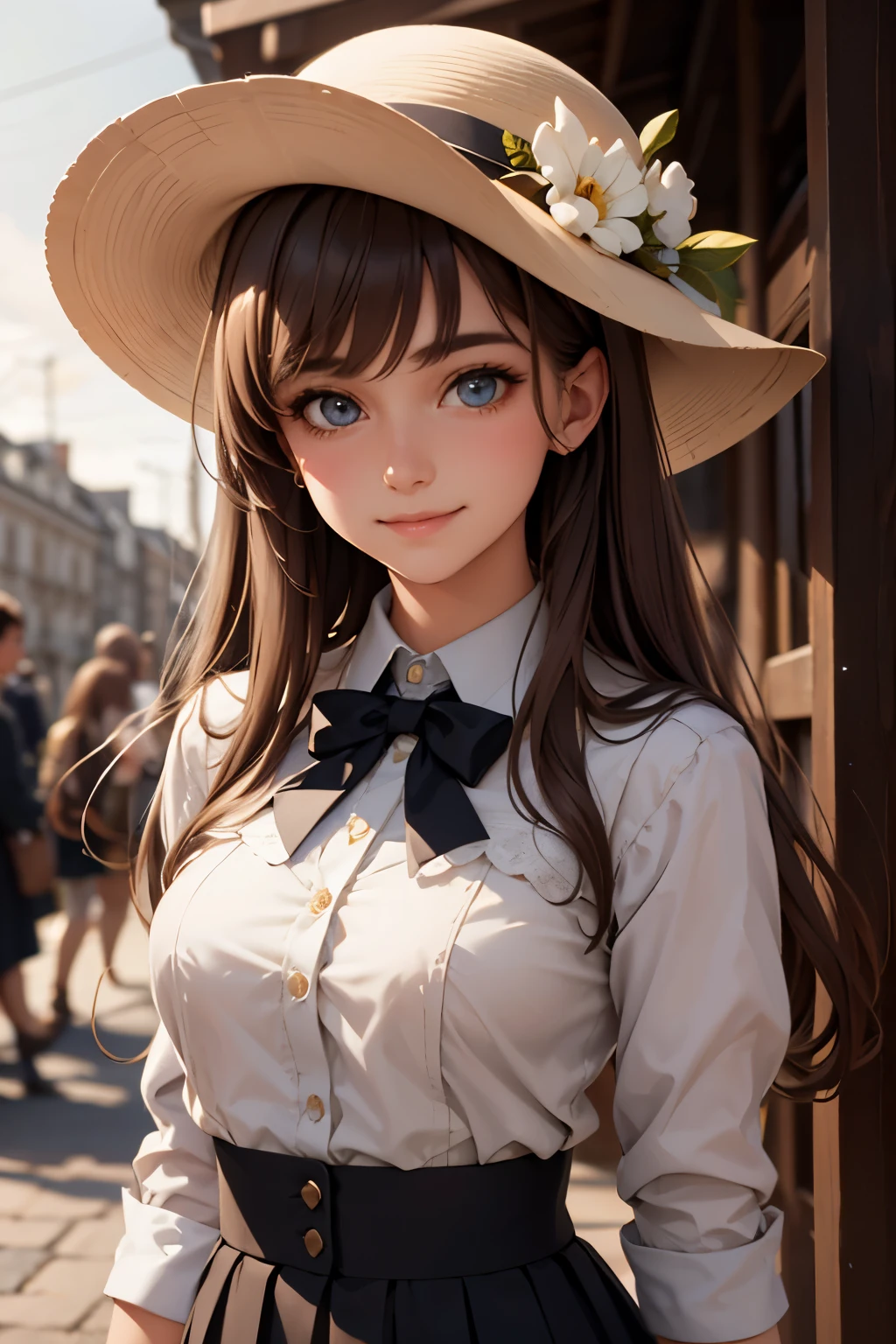 Medium view, medium shot, depth of field, bust, upper body, cinematic angle, masterpiece, best quality, super detailed, CG, 8K wallpaper, beautiful face, delicate eyes, a maiden, solo, smile, bangs, skirt, shirt, hat, dress, bow, petals, bouquet