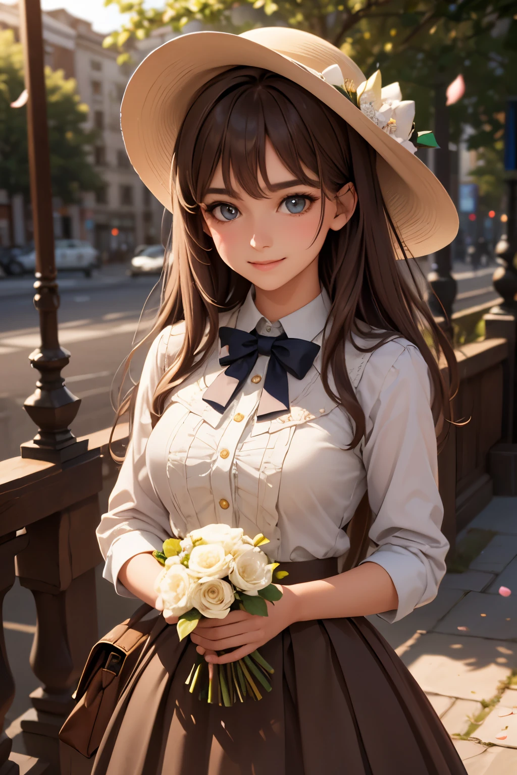 Medium view, medium shot, depth of field, bust, upper body, cinematic angle, masterpiece, best quality, super detailed, CG, 8K wallpaper, beautiful face, delicate eyes, a maiden, solo, smile, bangs, skirt, shirt, hat, dress, bow, petals, bouquet