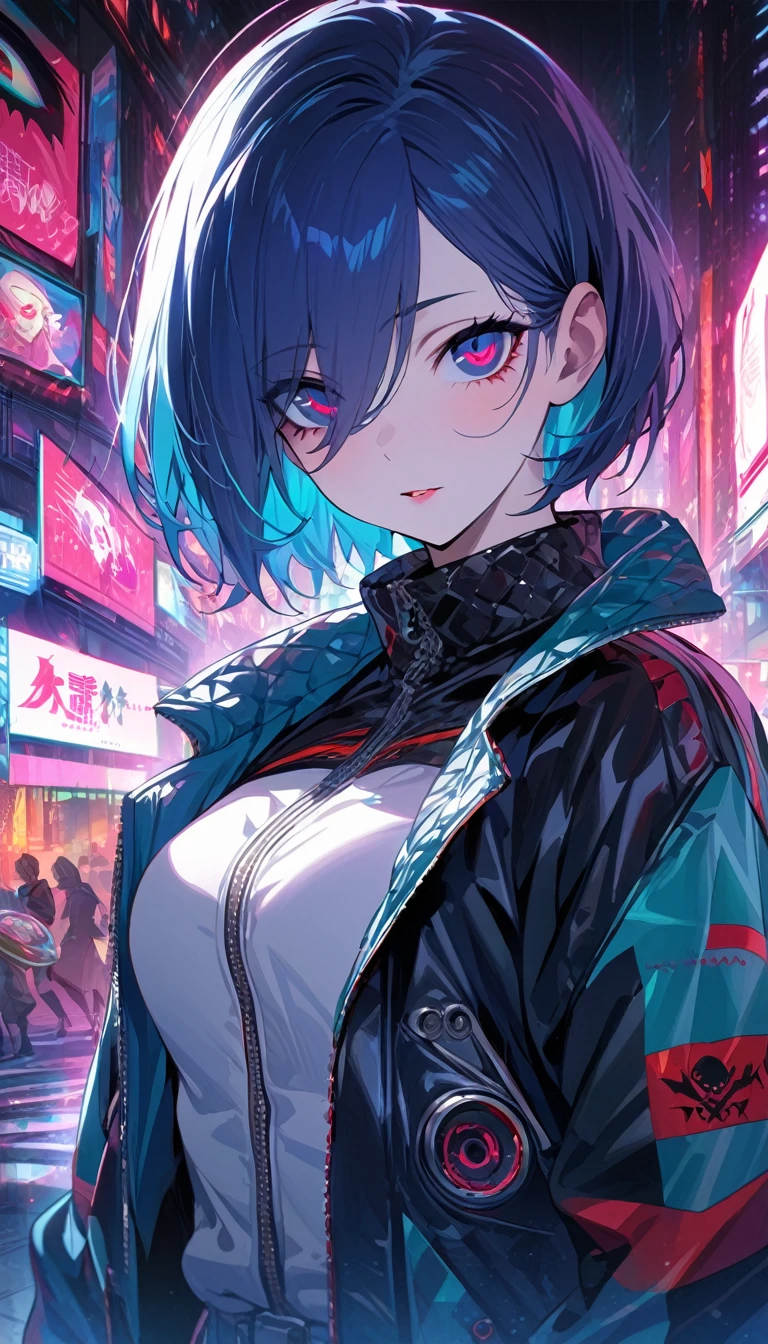 (masterpiece,detailed,High resolution:1.4) , Model shoot, close, detailed face, fine detailed eyes,, (kirishima touka),Blue middle hair,ghoul eyes,Retro Jacket,Tokyo Ghoul,Retrofuturism background, Vibrant colors, High resolution,, ,