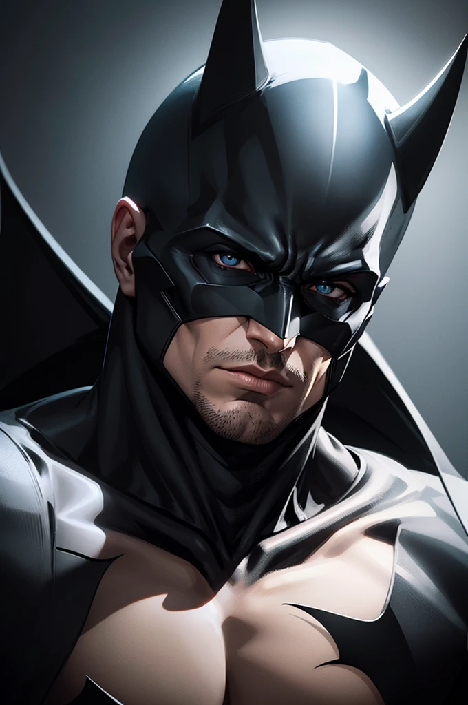 Create a highly detailed, realistic avatar image of a male Batman focusing solely on his neck and face. The environment should be extremely dark, enhancing the mysterious and intense atmosphere. Batman's cowl should have a sleek, metallic and modern design, with minimalist elements. His eyes should glow brightly in white, providing a striking contrast against the dark background. Emphasize strong, defined facial features and ensure the overall style is minimalist yet powerful