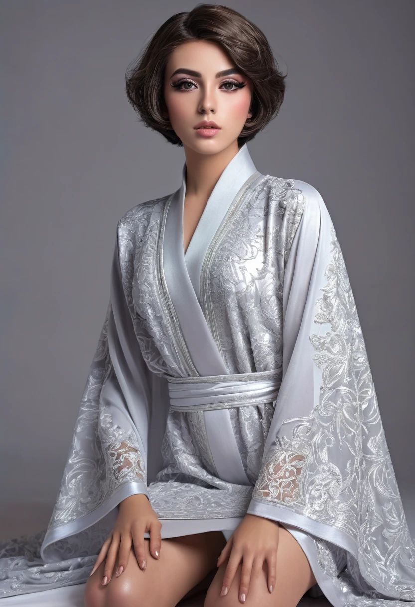A femboy with short hair,abaya,knee and thigh visible,beautiful detailed, full body portrait, eyes,beautiful detailed lips,extremely detailed face,longeyelashes,1boy,high quality,photorealistic,professional,studio lighting,ultra-detailed,masterpiece,vivid colors,dramatic lighting