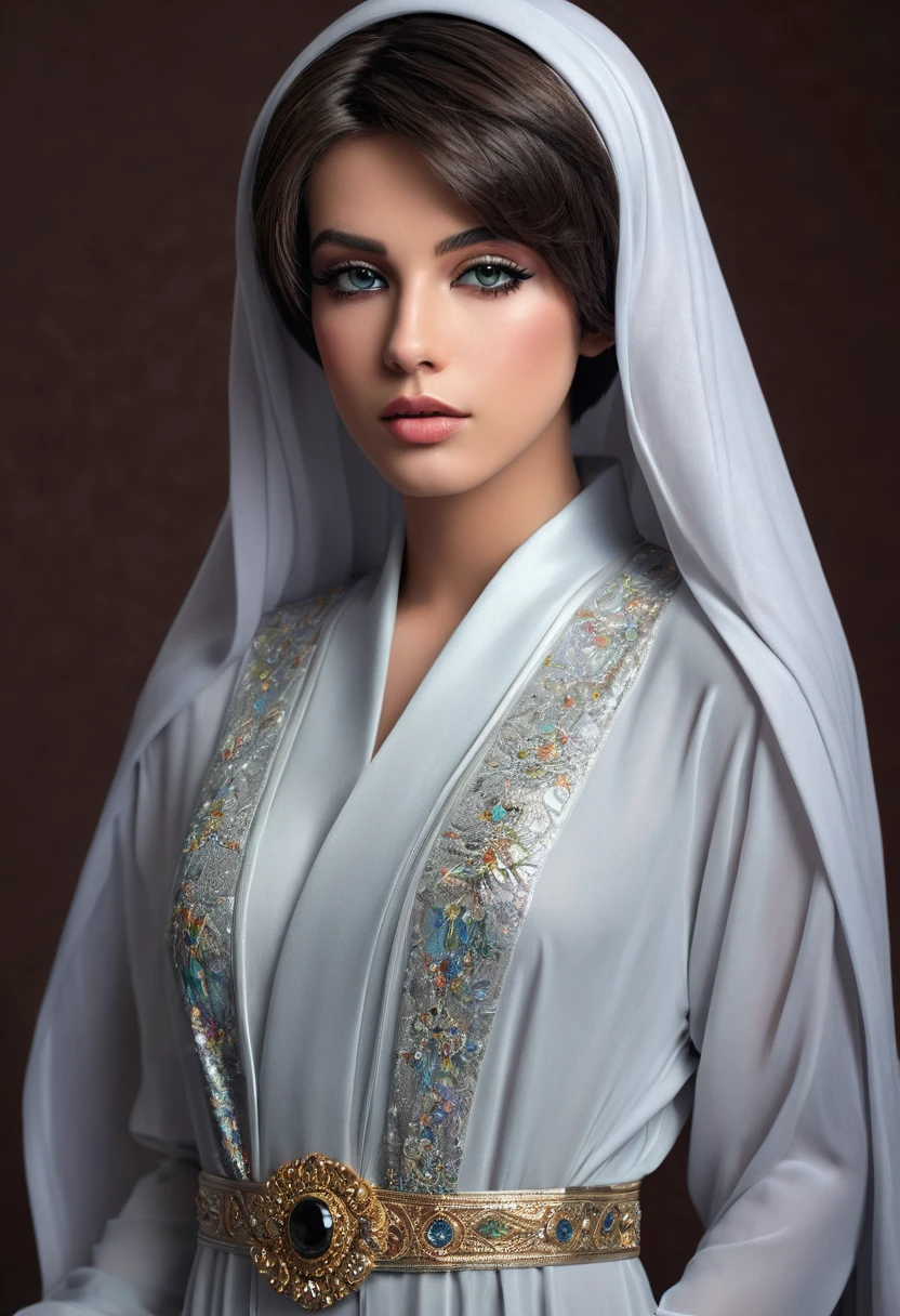 A femboy with short hair,abaya,knee and thigh visible,beautiful detailed, full body portrait, eyes,beautiful detailed lips,extremely detailed face,longeyelashes,1boy,high quality,photorealistic,professional,studio lighting,ultra-detailed,masterpiece,vivid colors,dramatic lighting