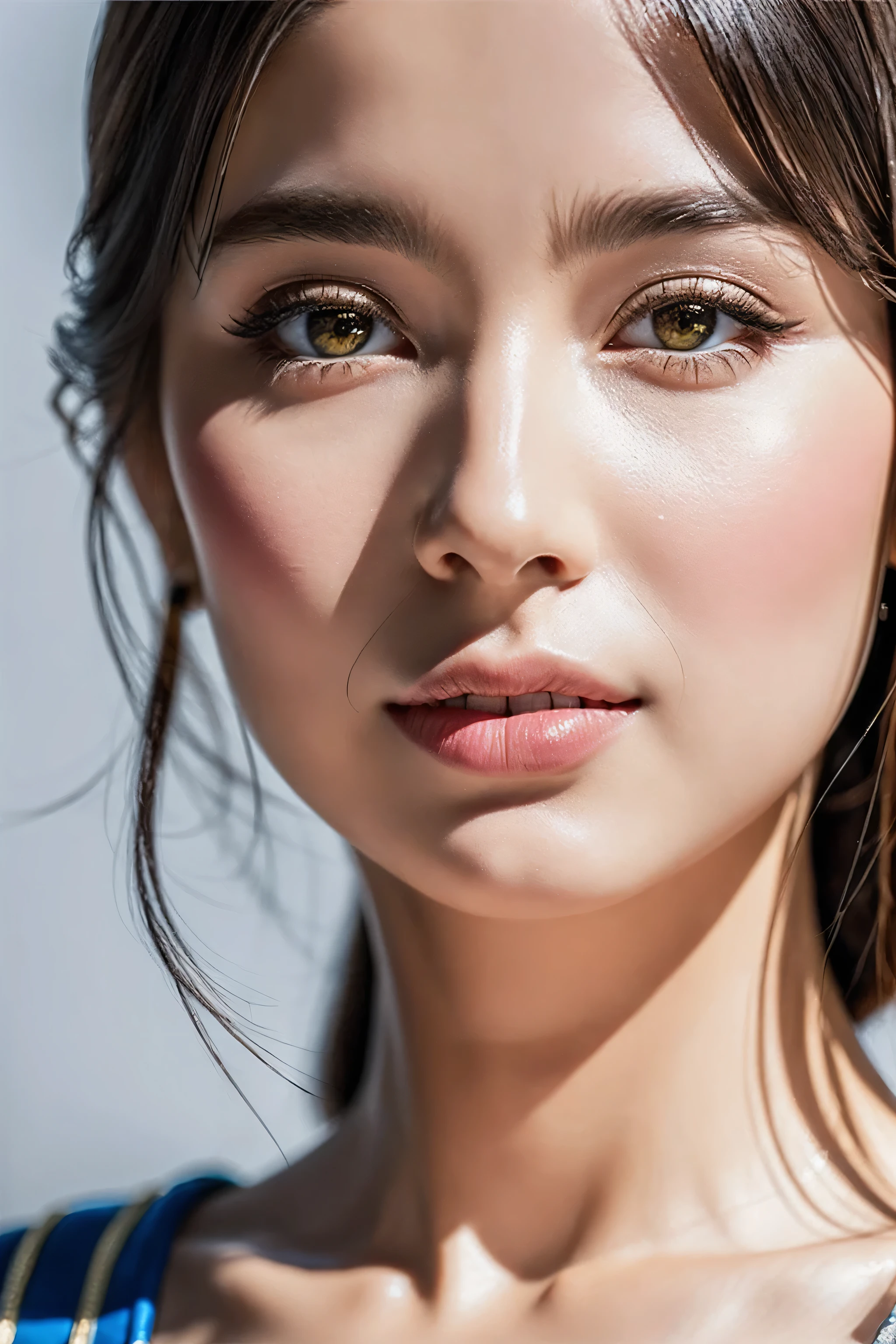  photorealism 16K realism, (Hyper-realistic proportional body, anatomically correct:1.3), ((ultra-fine digital art)), ((intricately detailed beautiful face)), (light pale complexion)), BREAK, (small round head), (high detailed realistic Super beautiful slim and sharp-face), (best highest detailed realistic black_eyes:1.28), ((super realistic sharp-eyes:1.2)), (tired and sleepy and satisfied:0.0), close up of a woman's eyes, perfect round eyes, finely detailed pupils,BREAK, detailed lips:1.3, pink_makeup:1.2, (long_blue_eyeliner:1.2), (red_lipstick:1.2), ((perfect dark_eyeshadows:1.25)), (super detailed professional makeup on eyes:1.25), (Detailed nose:1.25), (best high quality real texture skin:1.3), stunning beautiful girl, 25 yo, detailed skin, beautiful shinning long luscious hair, strands of hair flaoting in air, hair updo, hair, delicate facial features, detailed glossy eyes and pupils, detailed shinning natural hairs, detailed sharp nose, detailed white glistening teeth, perfect symmetrical face, detailed natural perfect breasts, graceful pose, soft lighting, artistic painting, vibrant colors, ethereal atmosphere, ((2 Big stars shine:1.22)), mesmerizing gaze, flawless complexion, enchanting beauty, surreal background, solo, looking at viewer, bangs, (beautiful modern fashionable designer yellow,blue and red combination dress), earrings and necklace, cute smile, upper body, indoors, frills, night time, perfect lighting, luxurious living room, sofa, lots of colourful flowers,looking at the viewer, lips, 