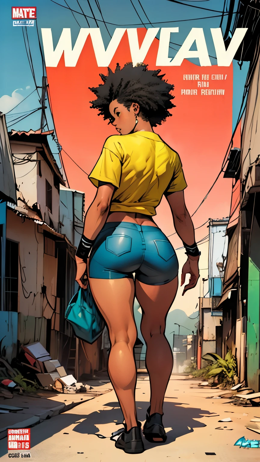 2 Afro-descendant girl, passing in the middle, of armed traffickers, to climb the stairs, Brazilian favela, vanishing point, from behind, from below, atmospheric perspective, masterpiece, super detail, high details, high quality, best quality, highres.