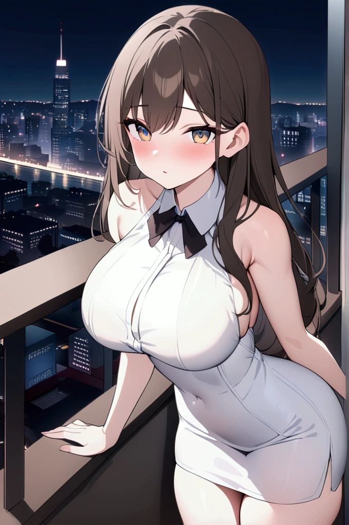 ((best quality, 8K, masterpiece :1.3)), whole body, clear focus :1.2, Beautiful woman with perfect body :1.4, Slim abdominal muscles :1.2, ((Dark brown hair, Large Breasts :1.2)), Vest Dress :1.1, (city night view, Modern balcony :1.1), Highly detailed face and skin textures, Delicate eyes, Double eyelids