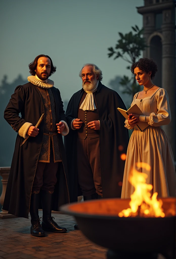 Create a powerful and evocative scene that brings together three top famous authors in world history--William Shakespeare, Leo Tolstoy, and Jane Austen--in one frame. Imagine a tranquil, scholarly setting at dusk, with a glowing fire casting a warm light. William Shakespeare, adorned in his Elizabethan attire, stands resolutely with a quill in hand and a vision of timeless storytelling in his eyes. Leo Tolstoy, with his commanding presence and traditional Russian garments, gestures passionately as he speaks of human experience and the complexity of life. Jane Austen, poised and thoughtful, holds her pen and a manuscript, embodying the spirit of wit and social commentary. Together, they symbolize literary genius, profound insight, and the enduring legacy of the written word.