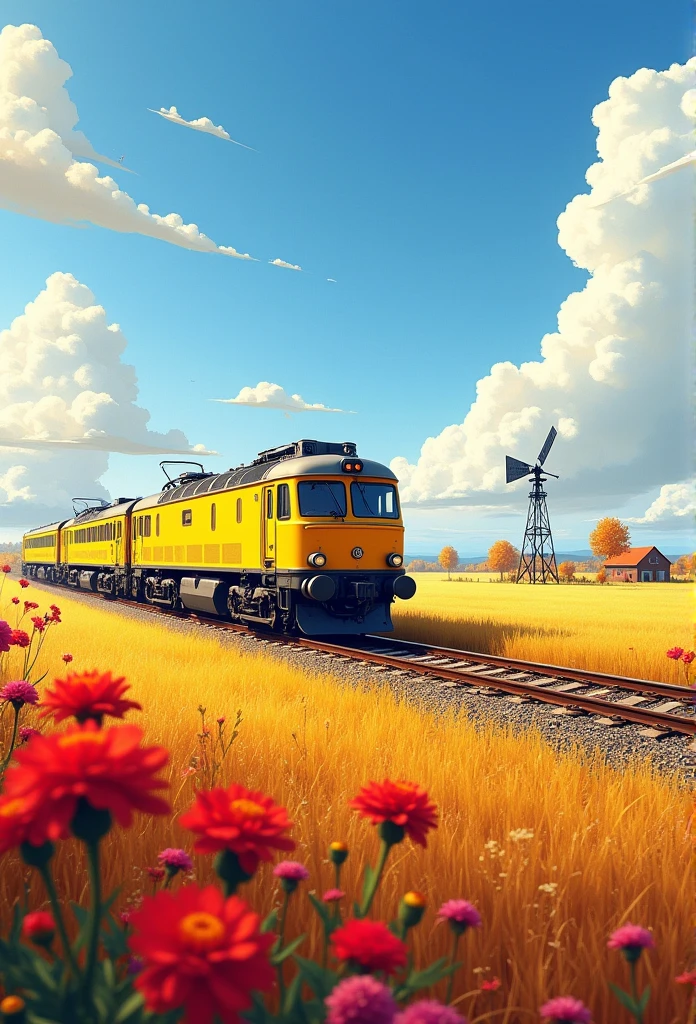 A yellow train is driving on the railway tracks through an autumn countryside landscape, surrounded by fields of golden wheat and blooming chrysanthemums. There is also a windmill beside it. The sky above has white clouds floating around. This scene captures a beautiful moment of nature during fall with vibrant colors. It was created in the style of digital painting techniques.


