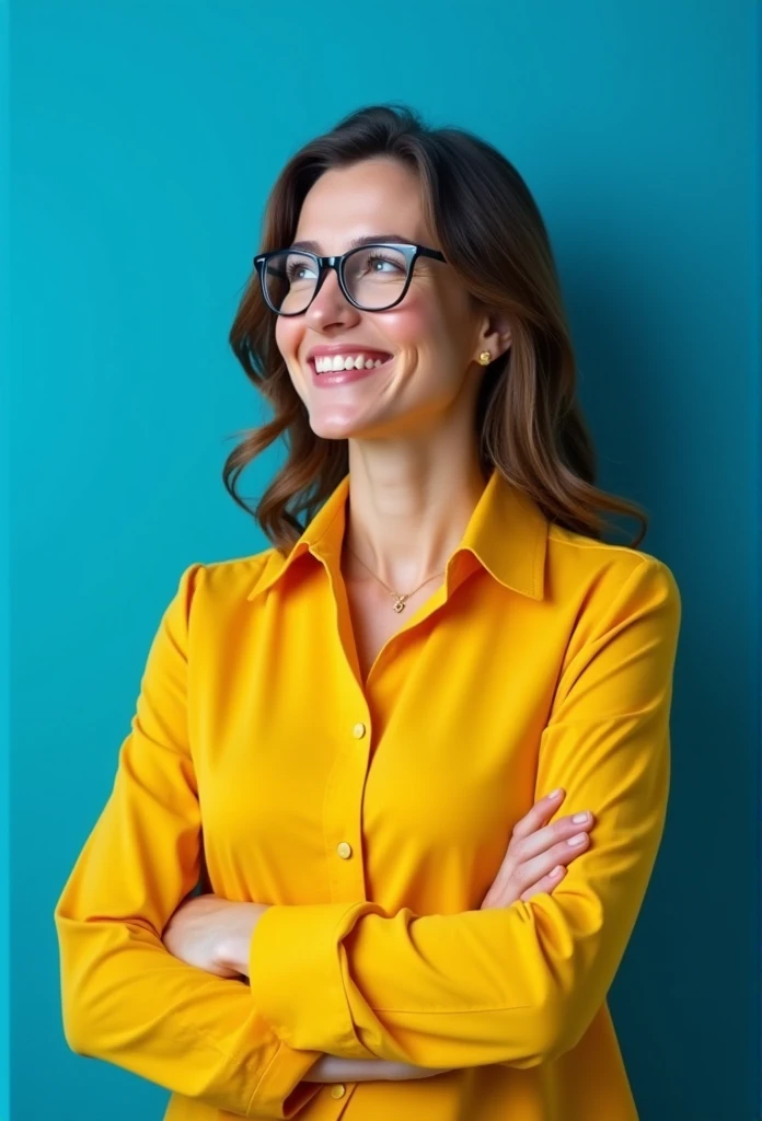 Photo of a smiling, confident businesswoman standing with arms crossed looking away over a blue background, wearing glasses and a yellow blouse. A female entrepreneur concept stock photo in the style of high quality.