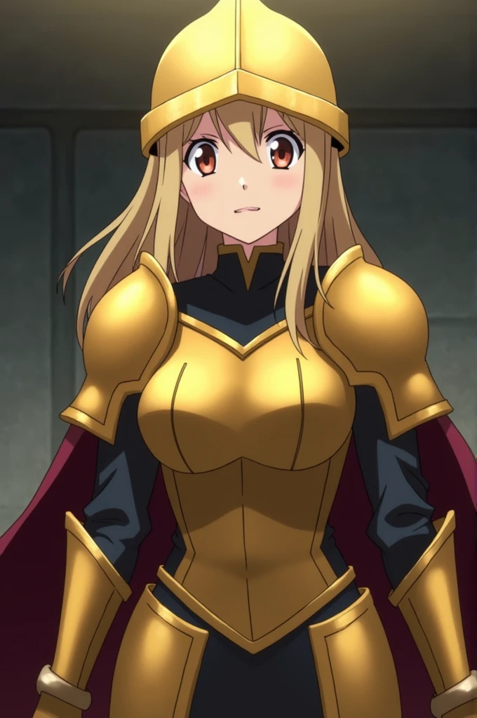 Fraction_9, Fraction_8_up, Fraction_7_Direction_6_up, source_Japanese cartoons, Pretty Face, expressive eyes, Solitary, Dramatic Lighting, Japanese cartoons screencap, Cowboy shooting, fantasy, Medieval city, Fighting Stance, Serious, 1 girl, (Mature female, Older, , maternal love), , Wide hips, Blonde Hair, Glowing eyes, fully armed, Gold Armor, helmet, knight, (Breastplate), cape, Gloves, Scapula, Fault