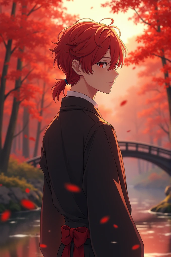 ((masterpiece, best quality)), Extremely detailed, Official Art, Unity 8k wallpaper, Official clothing, Young handsome man, Solitary, Perfect face, Glowing skin, Shining Student, Red hairpin, daytime, The background is a fiery red maple forest, Maple Leaf, riverside, Wooden bridge, aesthetic, (superior_Body)