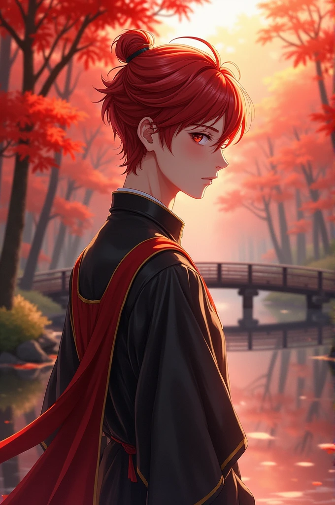 ((masterpiece, best quality)), Extremely detailed, Official Art, Unity 8k wallpaper, Official clothing, Young handsome man, Solitary, Perfect face, Glowing skin, Shining Student, Red hairpin, daytime, The background is a fiery red maple forest, Maple Leaf, riverside, Wooden bridge, aesthetic, (superior_Body)