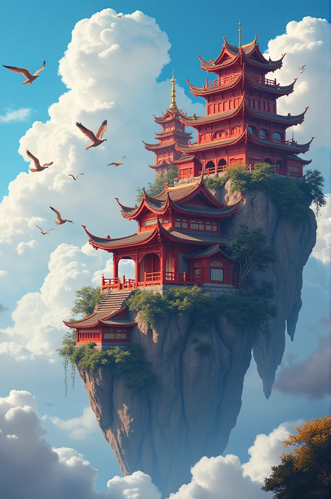 color (fantasy: 1.2), (Traditional Chinese style), (Irregular red buildings floating in the clouds), patchwork cabin, floral decoration, lamp, Concept art inspired by Andreas Rocha, Artstation Contest Winners, fantasy art, (Castle in the Sky), Ross Chen, optical axis, Realistic lighting, masterpiece, high quality, nice graphics, High Detail, masterpiece, high quality, nice graphics, High Detail, , (Seabirds flying in the sky)