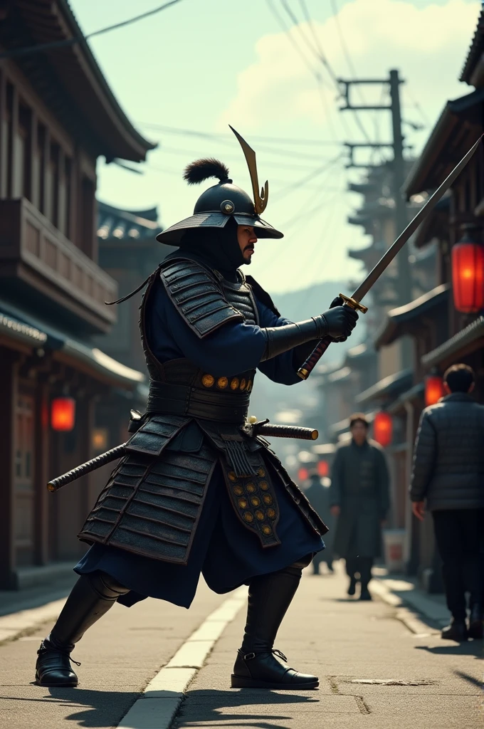 A dramatic scene of a samurai in full gear performing tsujigiri, attacking a passerby in a bustling Japanese street, with traditional architecture in the background, ultra realistic, 8k, cinematic