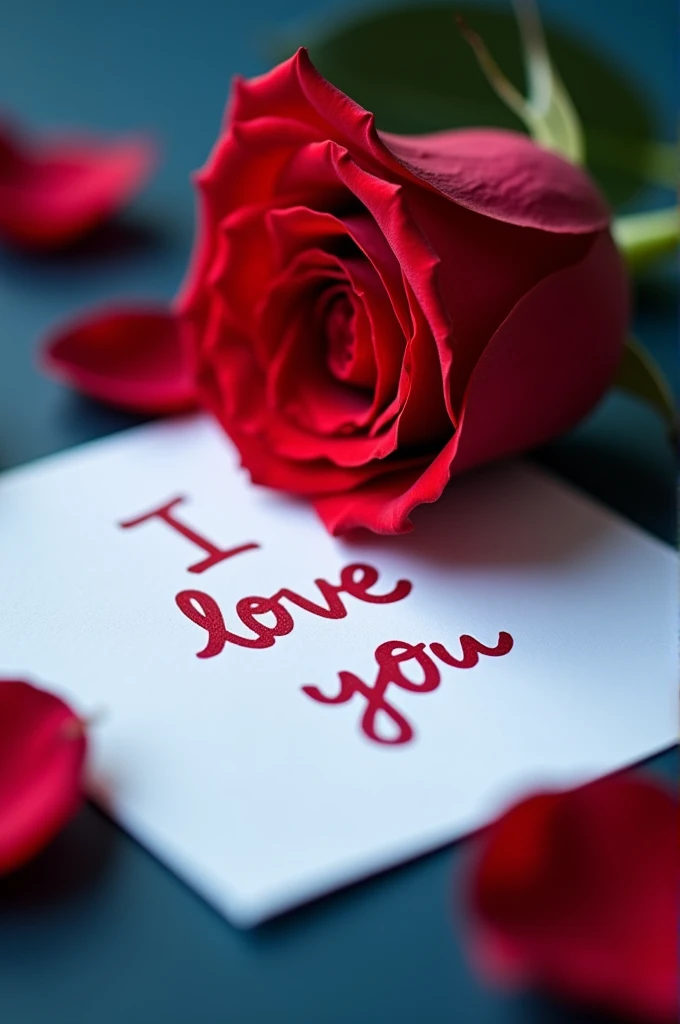 A red rose with the words "I love you" written on it lies next to white paper, with petals scattered around and a dark blue background. The composition is centered in the middle of an ultra-high definition photo, with a close-up shot. It was taken by Sony A7R IV camera using macro lens.