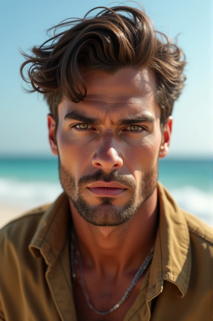 Waist high Portrait of an exotic beautiful caucasian man wearing trendy clothing at a beach, perfect detailed face, detailed symmetric hazel eyes with circular iris, realistic, stunning realistic photograph, 3d render, octane render, intricately detailed, cinematic, trending on artstation, Isometric, Centered hipereallistic cover photo, awesome full color, hand drawn, dark, gritty, mucha, klimt, erte 12k, high definition, cinematic, neoprene, behance contest winner, portrait featured on unsplash, stylized digital art, smooth, ultra high definition, 8k, unreal engine 5, ultra sharp focus, intricate artwork masterpiece, ominous, epic, TanvirTamim, trending on artstation, by artgerm, h. r. giger and beksinski, highly detailed, vibrant