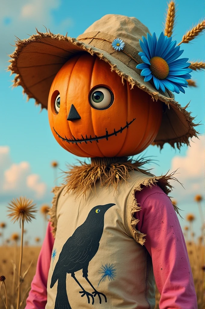 A mesmerizing and lifelike close-up portrait of a scarecrow by the talented artist Sozdatel. The scarecrow's body, made of dandelions, is slightly turned to the side and tilted, with a wrinkled paper shirt featuring a childish, hand-drawn crow and bright pink holey sleeves frayed at the edges. The scarecrow's spherical head is crafted from a dried, wrinkled orange pumpkin. A wide-brimmed hat is knitted or woven from dry grass and decorated with dried flowers, several ears of wheat and one large azure cornflower. The scarecrow's eyes and mouth express delight in the encounter, subtly emitting a warm inner glow. Set against the backdrop of an enchanting azure sky with delicate pink shades of sunrise. This captivating image is a masterful blend of cinematic, conceptual art, painting, and illustration, set against