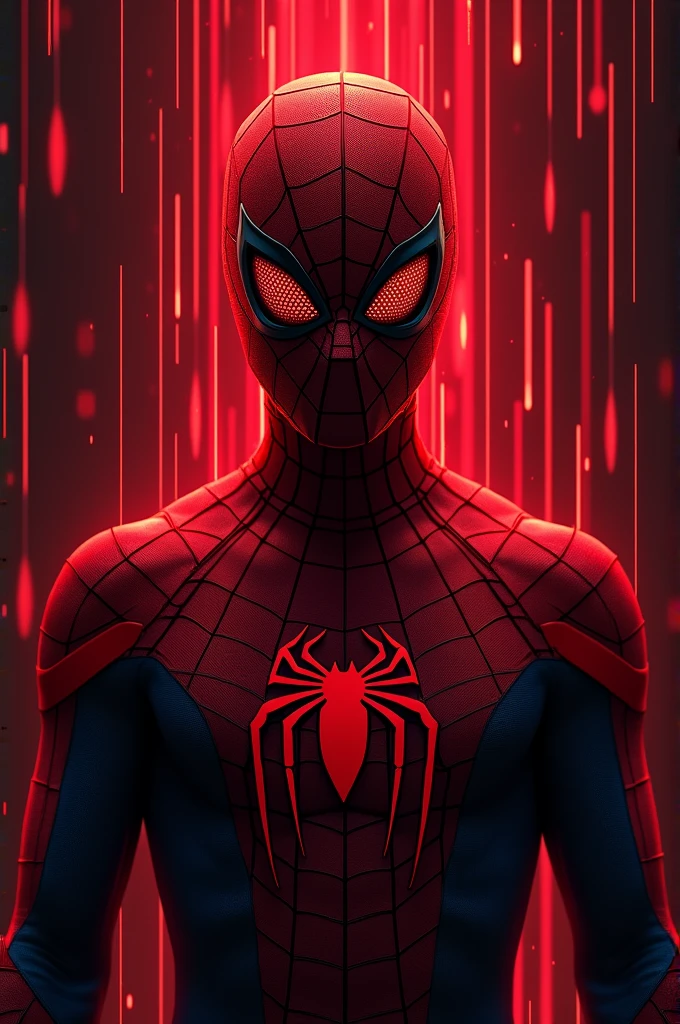 A red matrix rain code , digital , close-up of the superhero named Spider-Man, front ,2D, blended with the environment , symmetrical , black background , vector illustration poster , high resolution , amazing imagination
