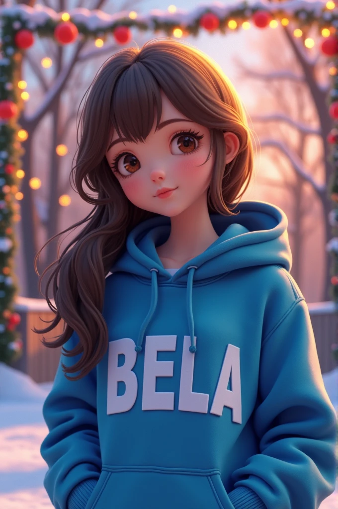 A captivating 3D render of a young girl named May, exuding confidence and charm in a striking blue hoodie with the bold name " BELA in whitefont. Her enchanting brown eyes and cascading brown hair contrast beautifully against the festive park backdrop adorned with ornaments and a harmonious blend of vivid colors. The warm, joyful atmosphere of the scene radiates love and celebration. The UHD, 4K, HDR quality of the image brings the artwork to life, merging fashion and conceptual art to create a mesmerizing masterpiece. The 3D render adds depth and perspective, highlighting the beauty of vivid colors, intricate details, and the fusion of various art forms, resulting in a cinematic-quality illustration that embodies the essence of anime-inspired art, 3D render, and conceptual fashion, typography, anime, vibrant, painting, conceptual art, illustration, fashion, photo, cinematic, 3d render pelo negro liso