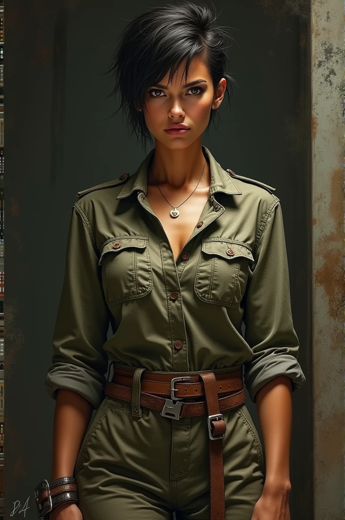 A captivating hyper-realistic digital sketch of a determined woman, featuring sharp, intense eyes and short, tousled hair. Her strong jawline and high cheekbones accentuate her resilience, while her worn, utilitarian jumpsuit and weathered leather belt showcase her life of survival and resourcefulness. With a firm, ready stance and a hint of defiance in her gaze, she embodies strength and courage. The dark, industrial background adds depth to her character, while the artist's initials "PJ" are discreetly signed at the bottom. The textured, gritty style of the piece enhances the vibrant atmosphere, making this a truly mesmerizing portrait.