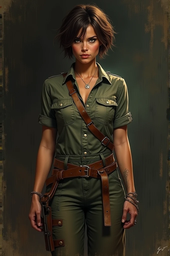 A captivating hyper-realistic digital sketch of a determined woman, featuring sharp, intense eyes and short, tousled hair. Her strong jawline and high cheekbones accentuate her resilience, while her worn, utilitarian jumpsuit and weathered leather belt showcase her life of survival and resourcefulness. With a firm, ready stance and a hint of defiance in her gaze, she embodies strength and courage. The dark, industrial background adds depth to her character, while the artist's initials "PJ" are discreetly signed at the bottom. The textured, gritty style of the piece enhances the vibrant atmosphere, making this a truly mesmerizing portrait.