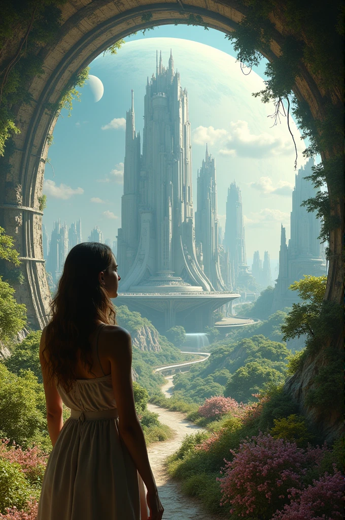 A woman with intense and amused gaze looks at the lush futuristic city full of plants flowers and futuristic slender buildings inside a colossal gigantic cylinder in space orbiting the earth