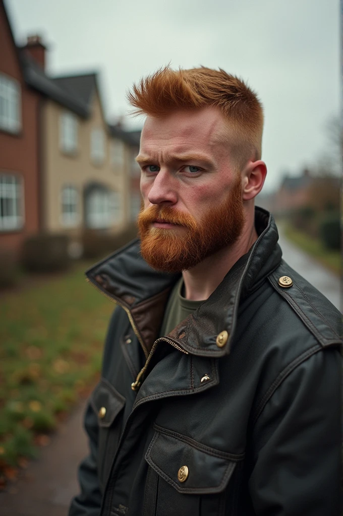 long shot of working class 35 year old beefy sweaty red headed Scottish man crew cut hair with stubble Sony fx9, 50mm, f/1.4, earthy afternoon tones, Scottish urban scene from 1950s