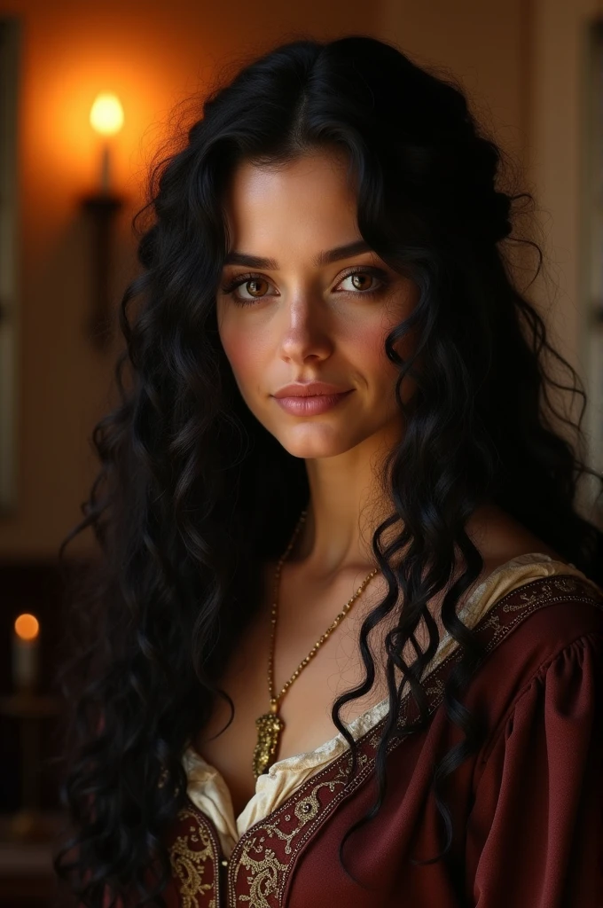 fair complexion, woman around 24 years old, long curly black hair, distinctive honey brown eyes, wearing kohl, slender and graceful, beautiful, candlelight in a medieval setting, ultra sharp focus, realistic shot, medieval female clothes, tetradic colors