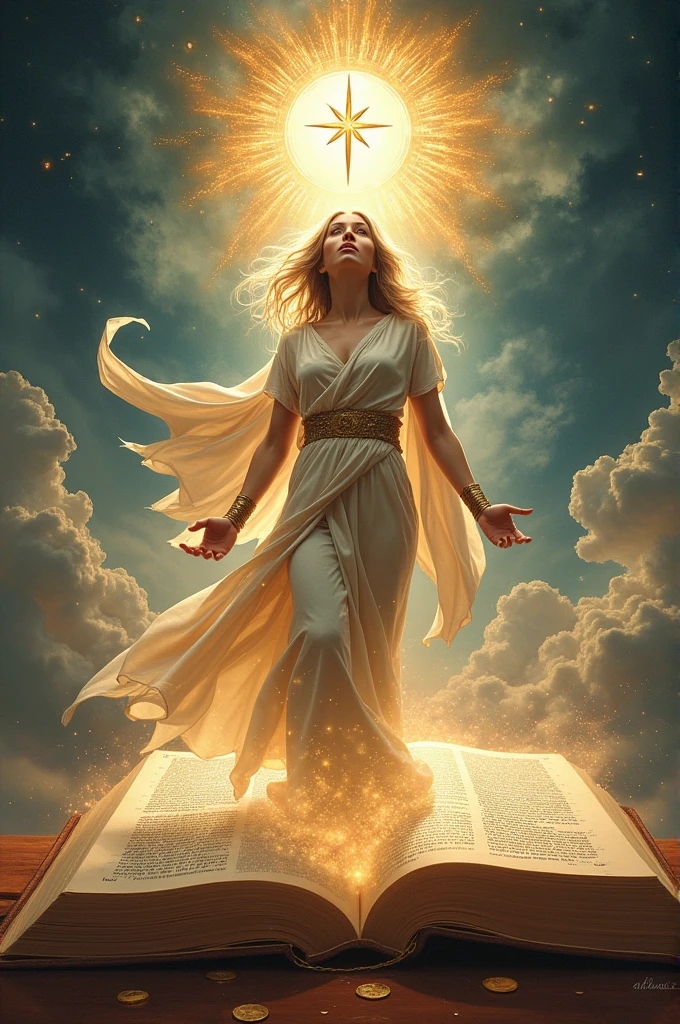 An open Bible to Proverbs 31, with an ethereal woman dressed like a warrior rising from the pages, embodying noble character surrounded by symbols of grace and strength