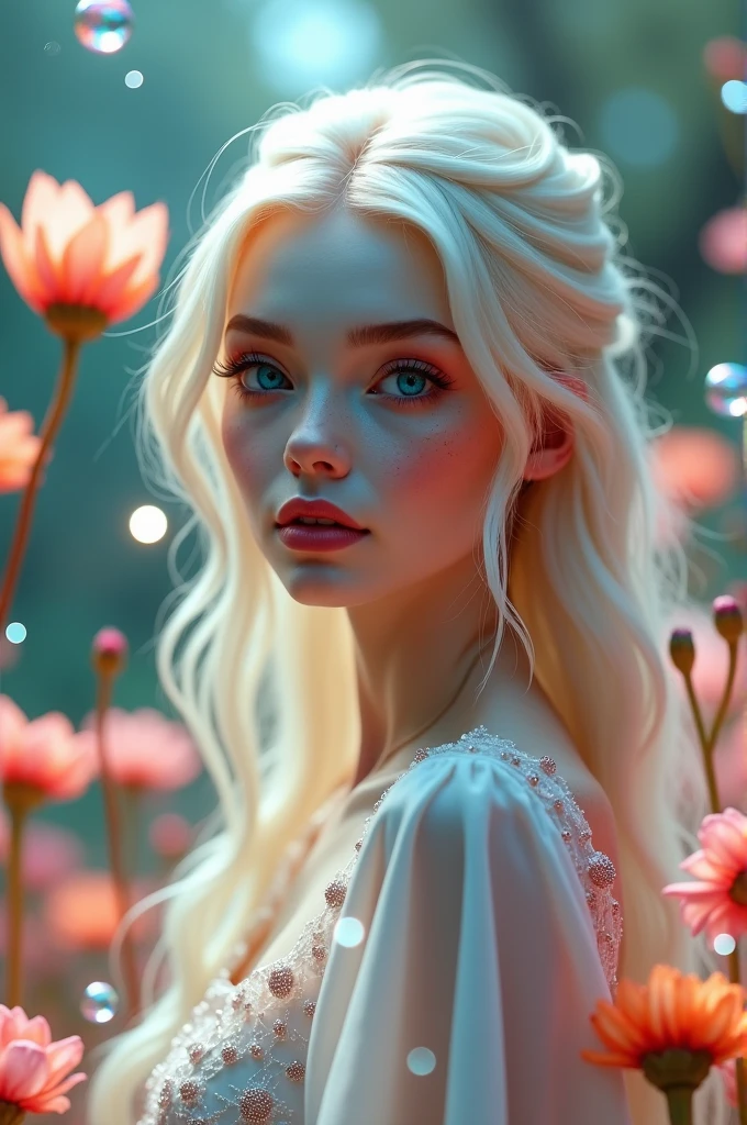 Hyperrealism cinematic film still, 8K, highly detailed and realistic. In a pastel-hued magical garden, a stunningly beautiful albino woman with piercing blue eyes and delicate freckles on her face stands amidst otherworldly blossoms. Bubbles float gently around her, catching the light and shimmering with glitter. Soft fairy lights illuminate the scene, casting a warm, enchanting glow. The atmosphere is surreal and captivating, with an ethereal, dreamlike quality.