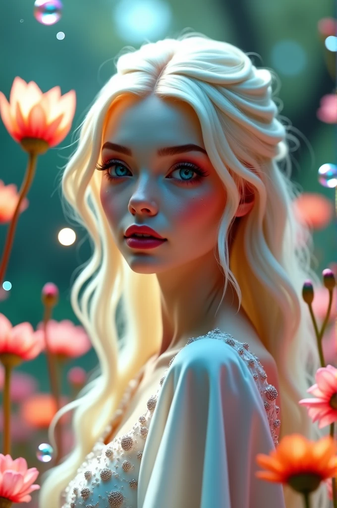 Hyperrealism cinematic film still, 8K, highly detailed and realistic. In a pastel-hued magical garden, a stunningly beautiful albino woman with piercing blue eyes and delicate freckles on her face stands amidst otherworldly blossoms. Bubbles float gently around her, catching the light and shimmering with glitter. Soft fairy lights illuminate the scene, casting a warm, enchanting glow. The atmosphere is surreal and captivating, with an ethereal, dreamlike quality.