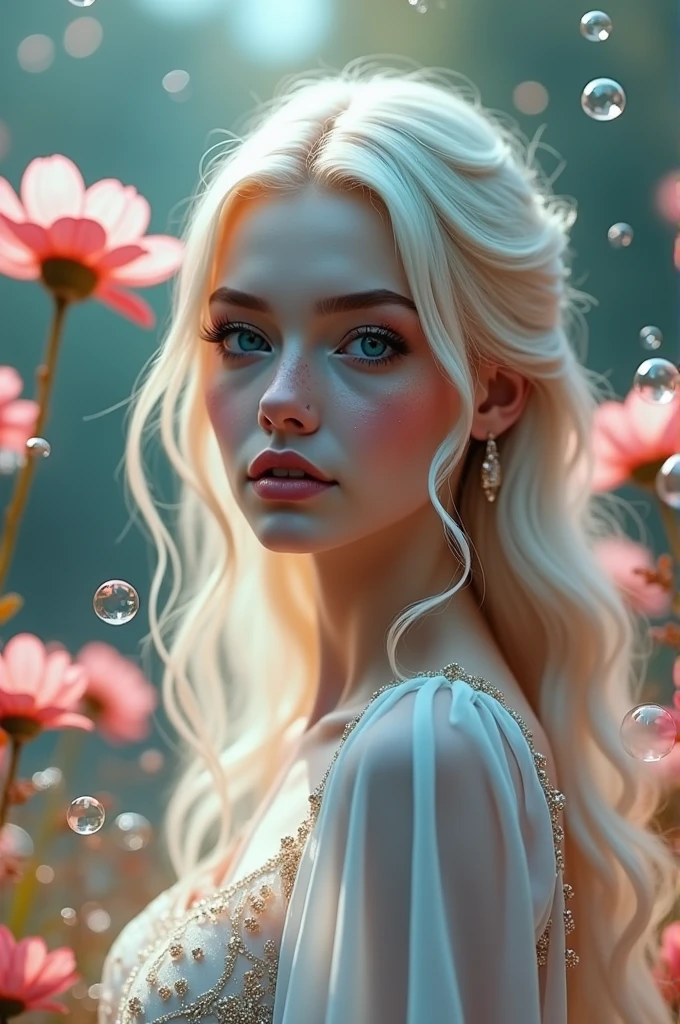 Hyperrealism cinematic film still, 8K, highly detailed and realistic. In a pastel-hued magical garden, a stunningly beautiful albino woman with piercing blue eyes and delicate freckles on her face stands amidst otherworldly blossoms. Bubbles float gently around her, catching the light and shimmering with glitter. Soft fairy lights illuminate the scene, casting a warm, enchanting glow. The atmosphere is surreal and captivating, with an ethereal, dreamlike quality.