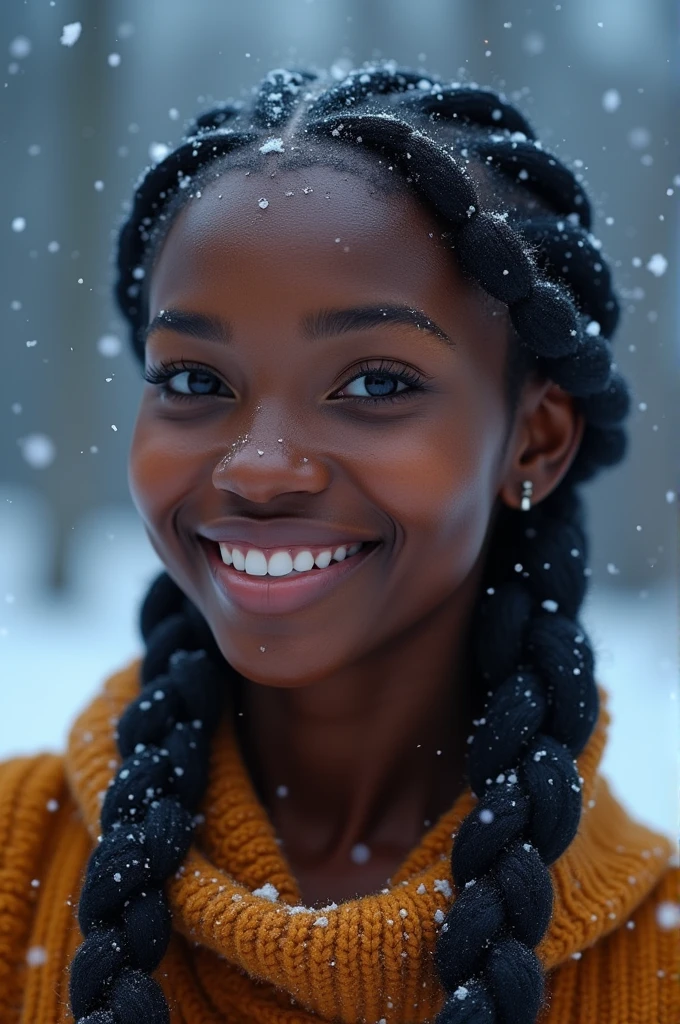 Close up shot of happy beautiful African woman with well made make up on, her hair braided and creating the word "HAPPINESS The word "HAPPINESS" is an extension of her hair. A really beautiful image showcasing the art of hair braiding. Background in duo colour palette of blue and white, snow falling in scene, 32k high definition and high resolution images, unreal engine 5 rendered. Hyper-realistic images with high detailed features providing a viewer with a clear high definition well created masterpiece of art.