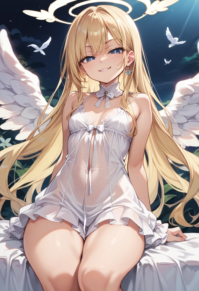 Score_9, score_8_up, 4k, 8k, detailed face, source_anime, smug angel girl with small breasts, pretty girl, thick thighs, blonde hair, long hair, (butakoma 300g), angel wings, white outfit, white doll,