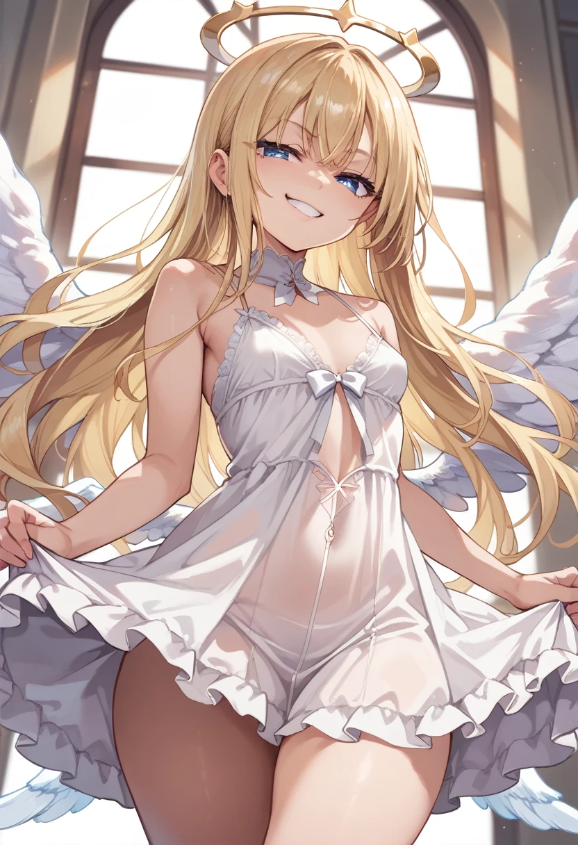 Score_9, score_8_up, 4k, 8k, detailed face, source_anime, smug angel girl with small breasts, pretty girl, thick thighs, blonde hair, long hair, (butakoma 300g), angel wings, white outfit, white doll,