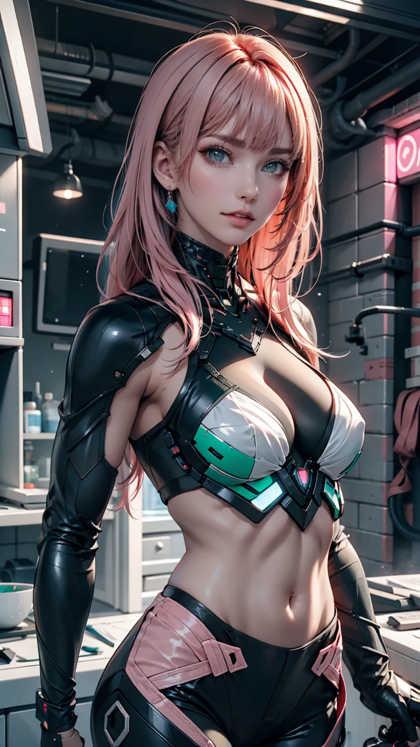 woman, Realistic characters, Green hair and pink hair, blue eyes, anime, alone, Modern, cyber punk