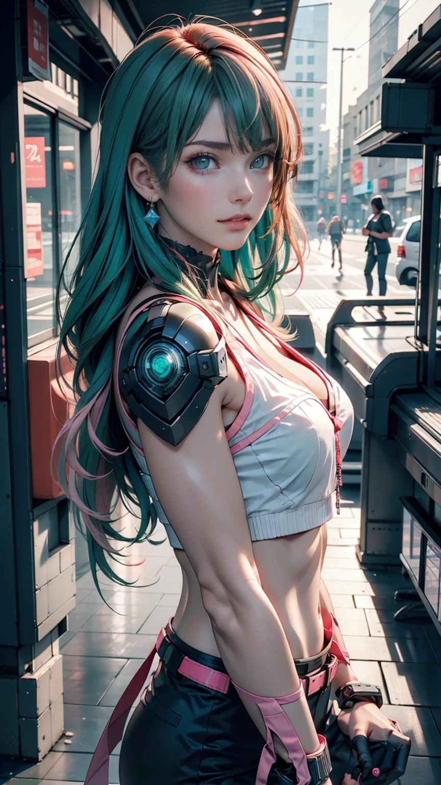 woman, Realistic characters, Green hair and pink hair, blue eyes, anime, alone, Modern, cyber punk